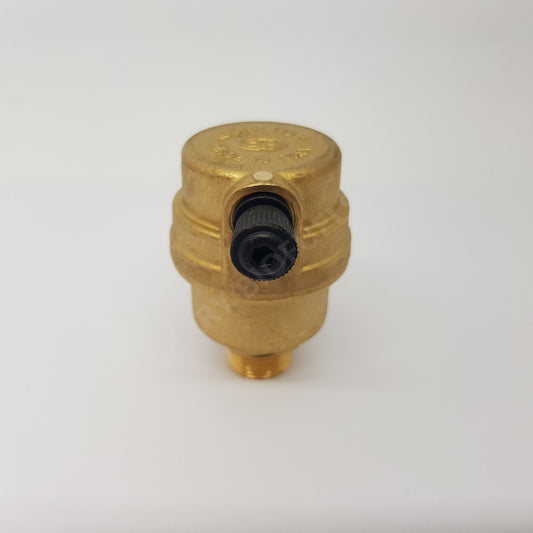 A gold-coloured pressure relief valve, with a black relief knob in front.