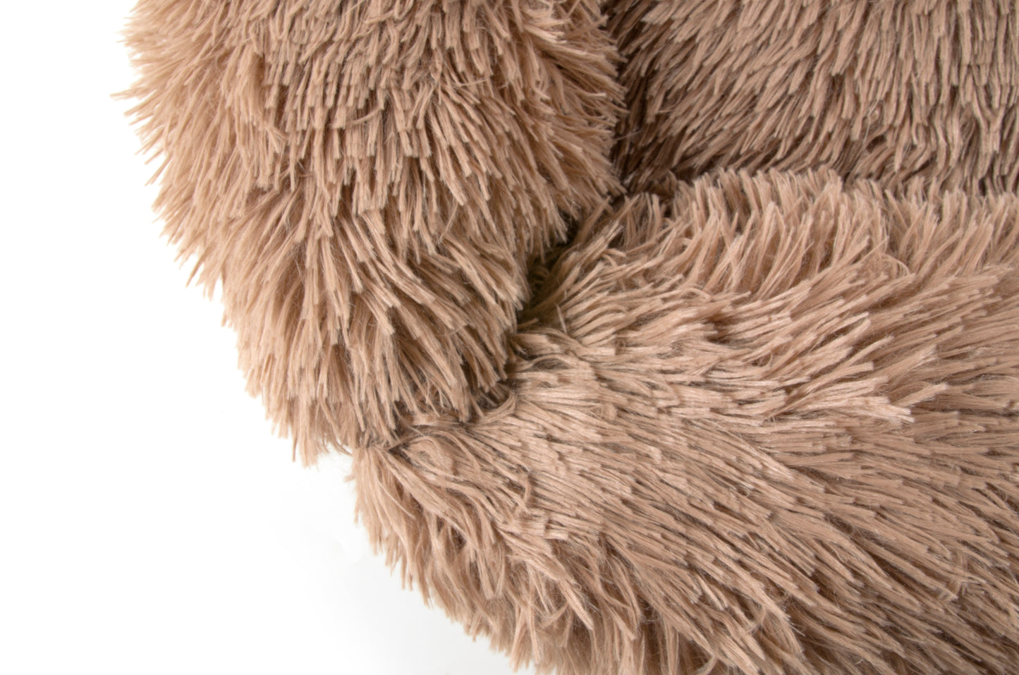 A brown square donut-shaped pet bed made of plush material, displayed with The Fat Mile tags attached to it.