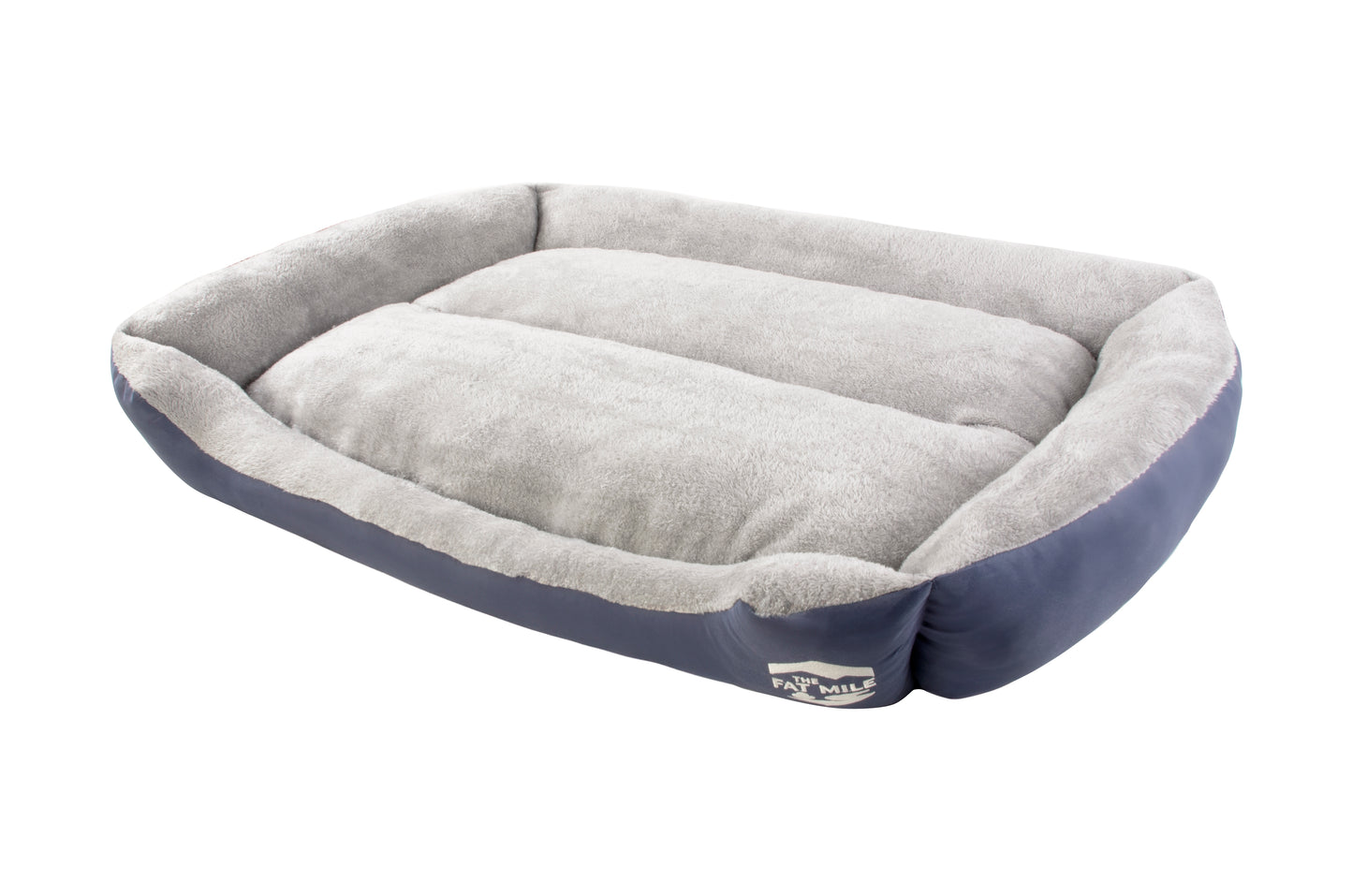 A blue oxford dog beds in various colors including orange, red, green, and blue. Come in various sizes. The Fat Mile logo.