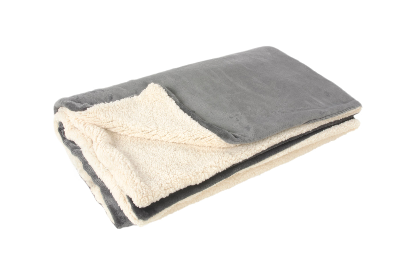 A folded dog blanket in grey. Comes in various colors including red, grey, yellow, light blue, navy, dark green and pink.