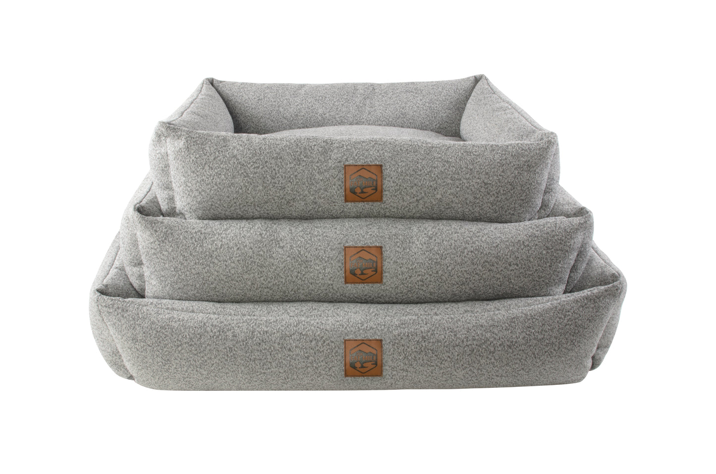 A stack of gray chenille pet beds with a The Fat Mile square logo on the front.