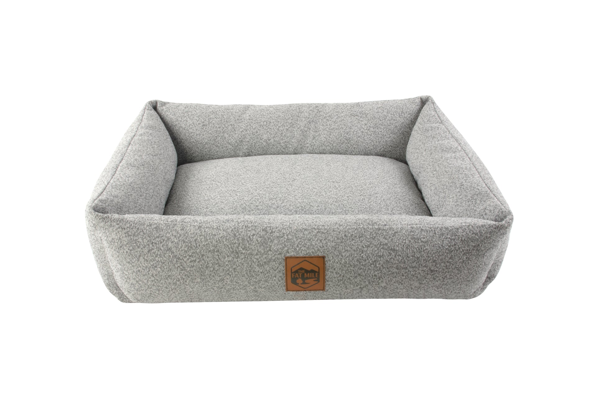 A gray chenille pet bed with a The Fat Mile square logo on the front.