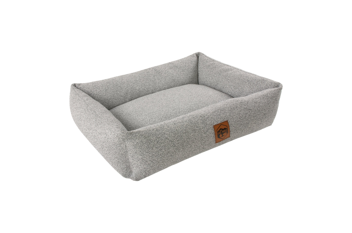 A gray chenille pet bed with a The Fat Mile square logo on the front.