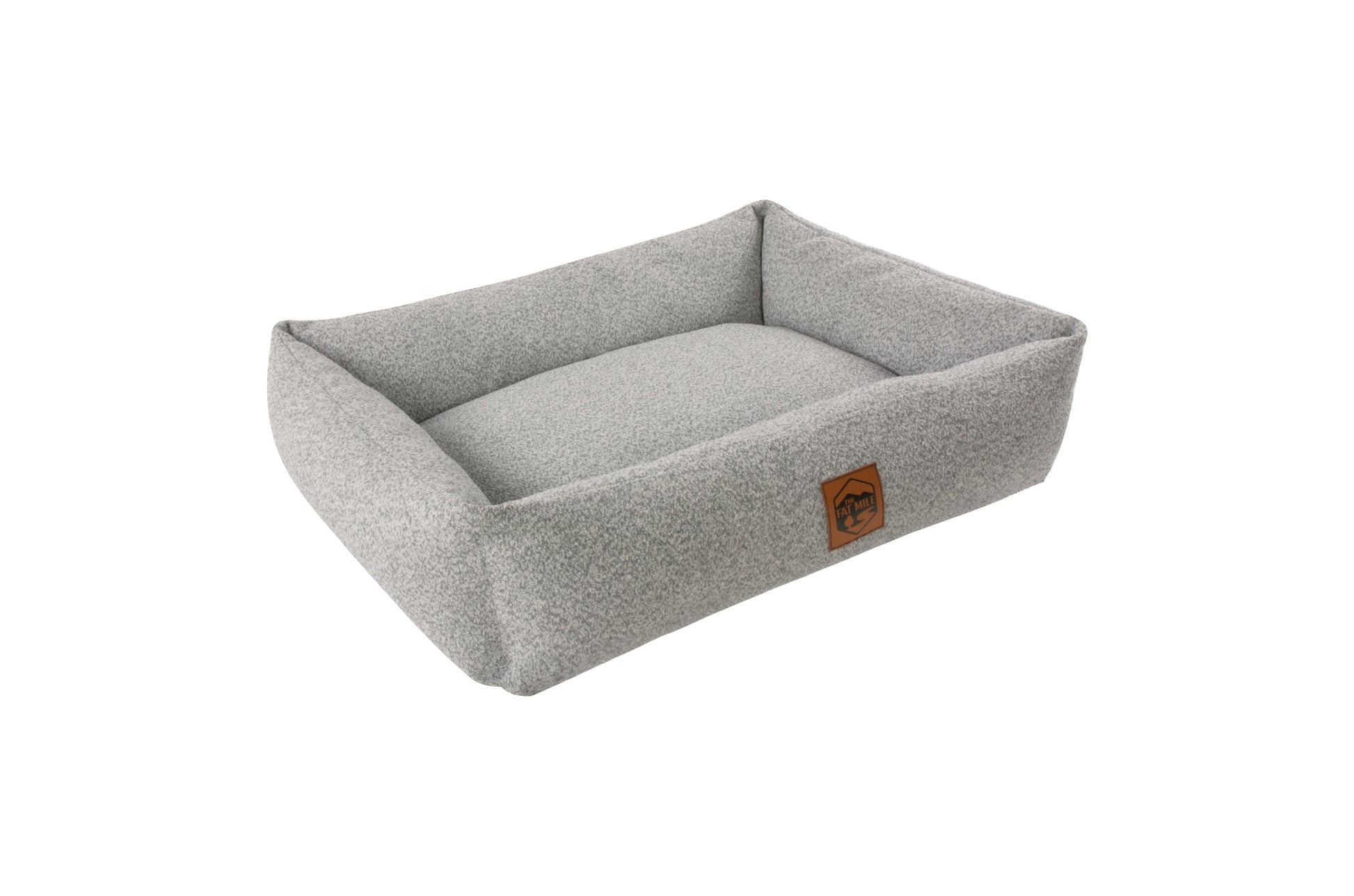 A gray chenille pet bed with a The Fat Mile square logo on the front.