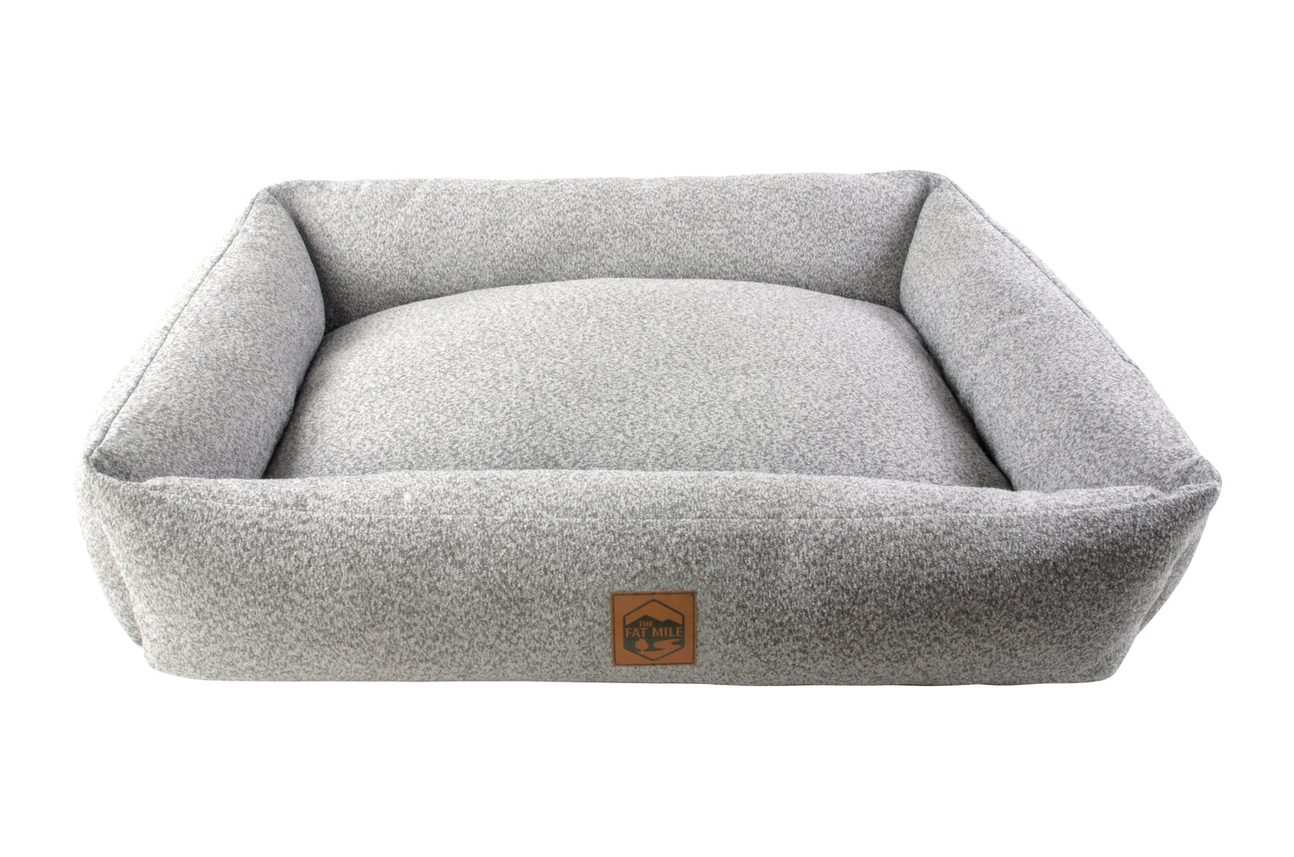 A gray chenille pet bed with a The Fat Mile square logo on the front.