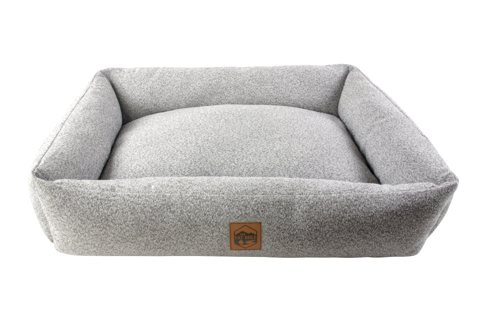 A gray chenille pet bed with a The Fat Mile square logo on the front.