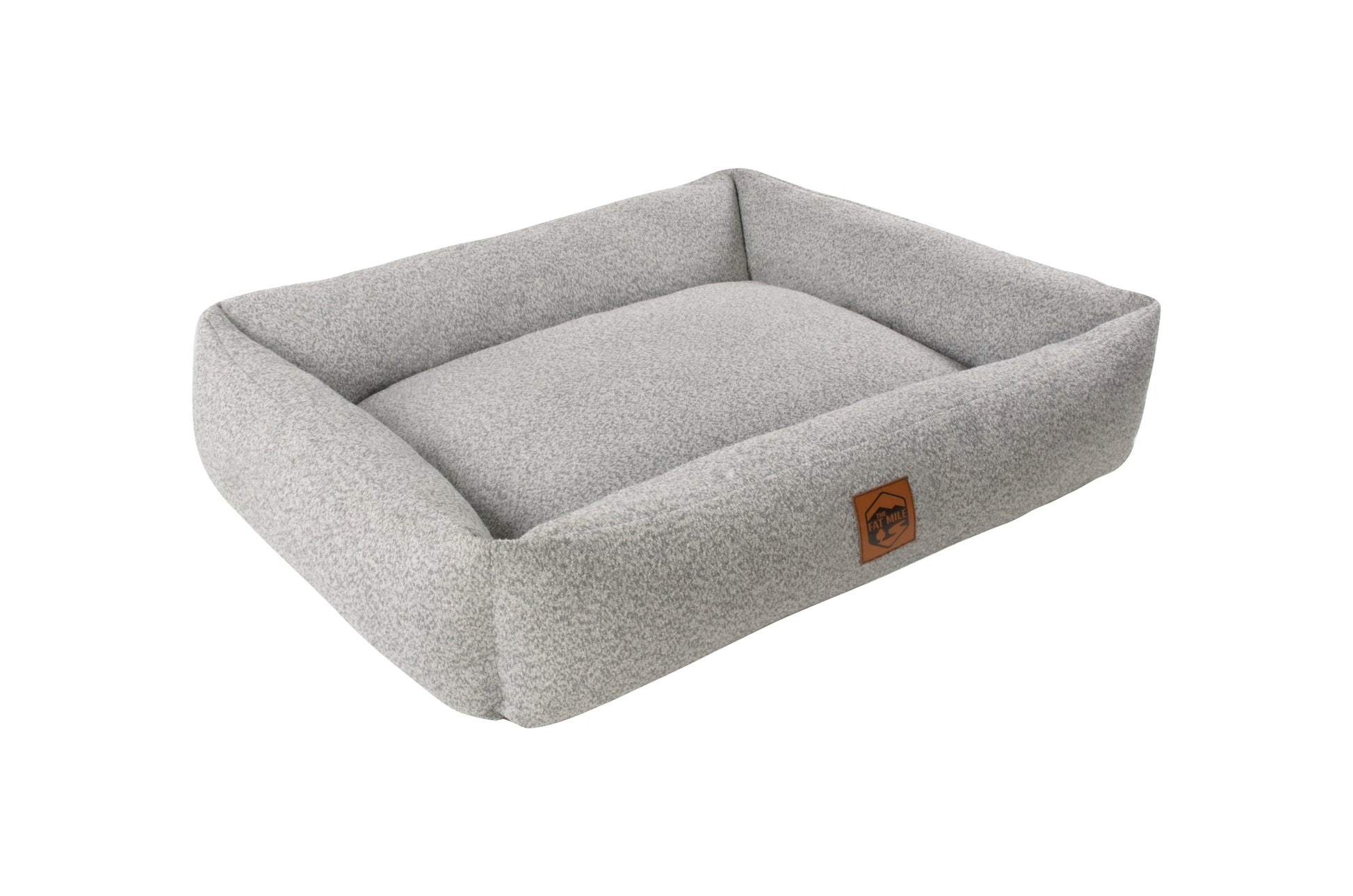A gray chenille pet bed with a The Fat Mile square logo on the front.