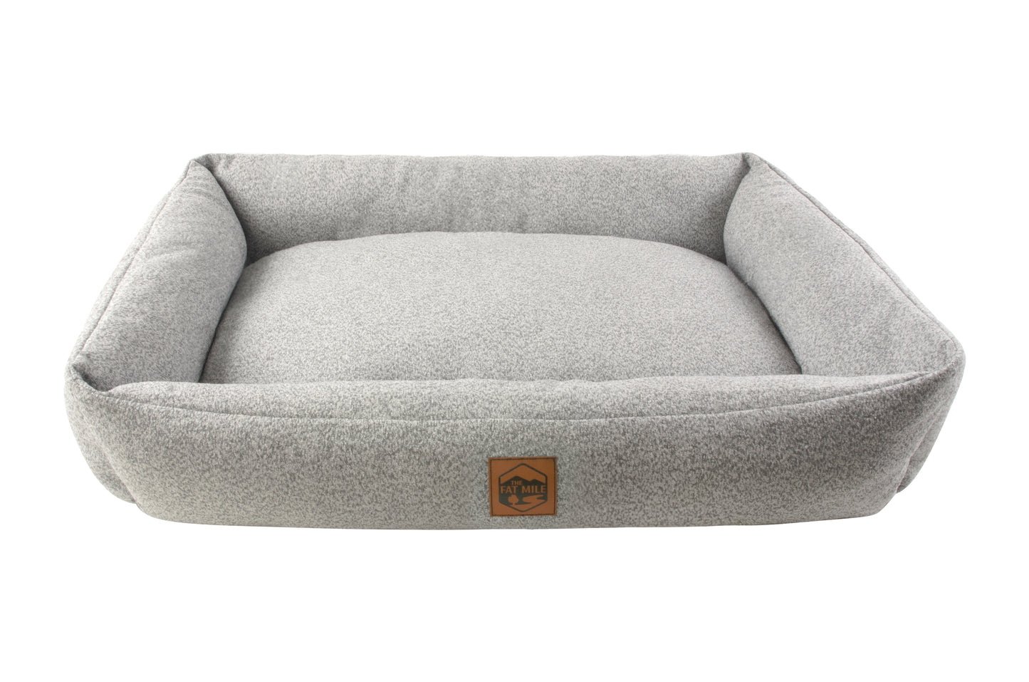 A gray chenille pet bed with a The Fat Mile square logo on the front.