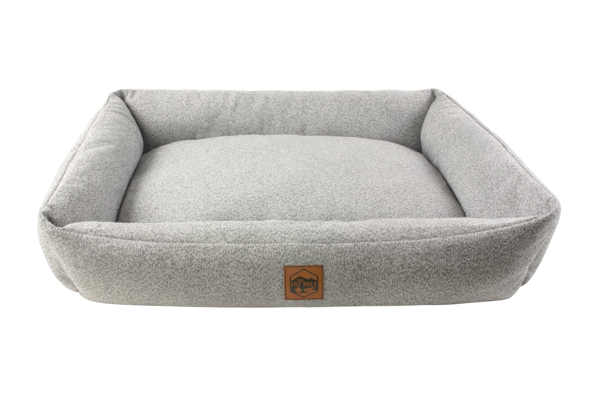 A gray chenille pet bed with a The Fat Mile square logo on the front.