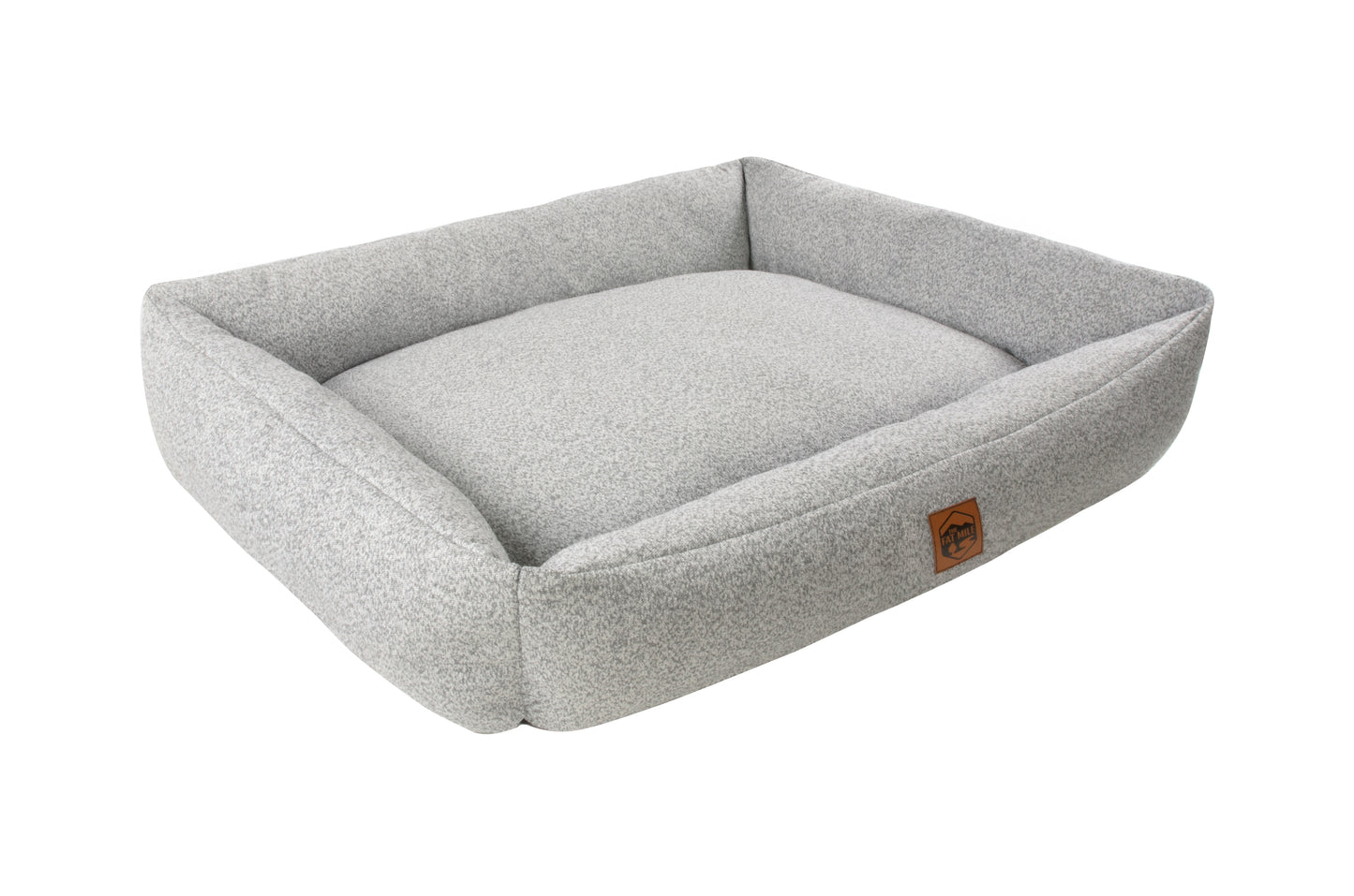 A gray chenille pet bed with a The Fat Mile square logo on the front.
