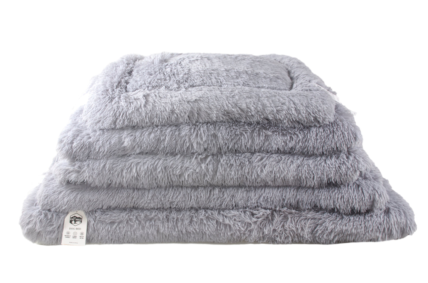 A stack of soft, gray plush cushions designed for pets. Different sizes. Soft.