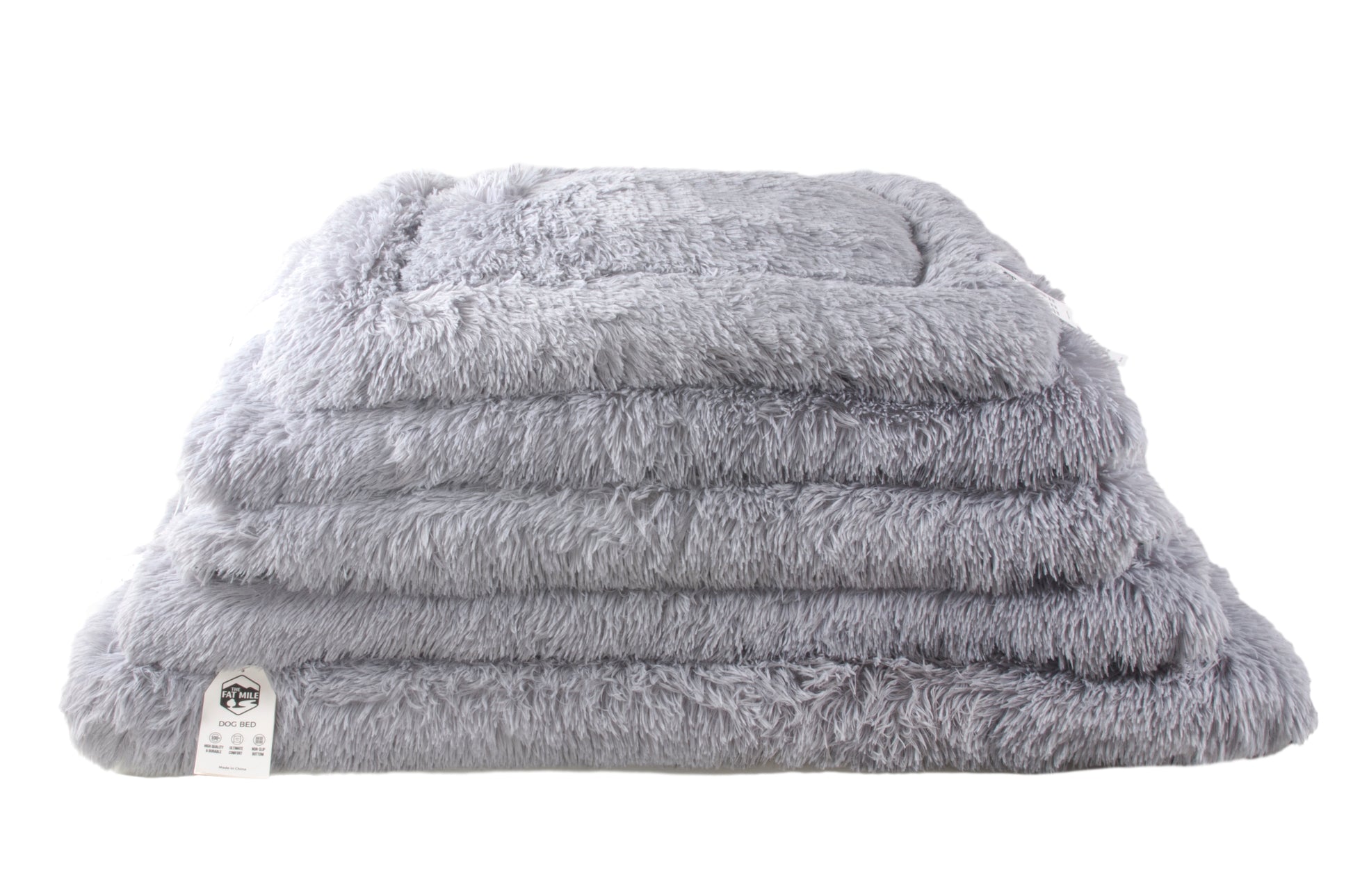 A stack of soft, gray plush cushions designed for pets. Different sizes. Soft.