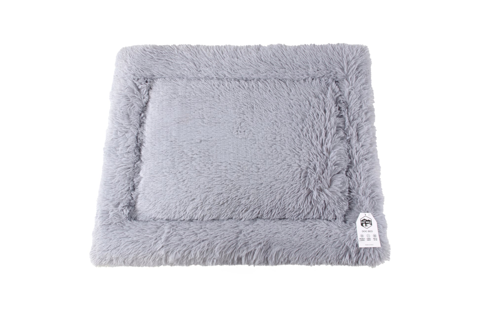 A soft, gray plush cushion designed for pets. Different sizes. Soft.