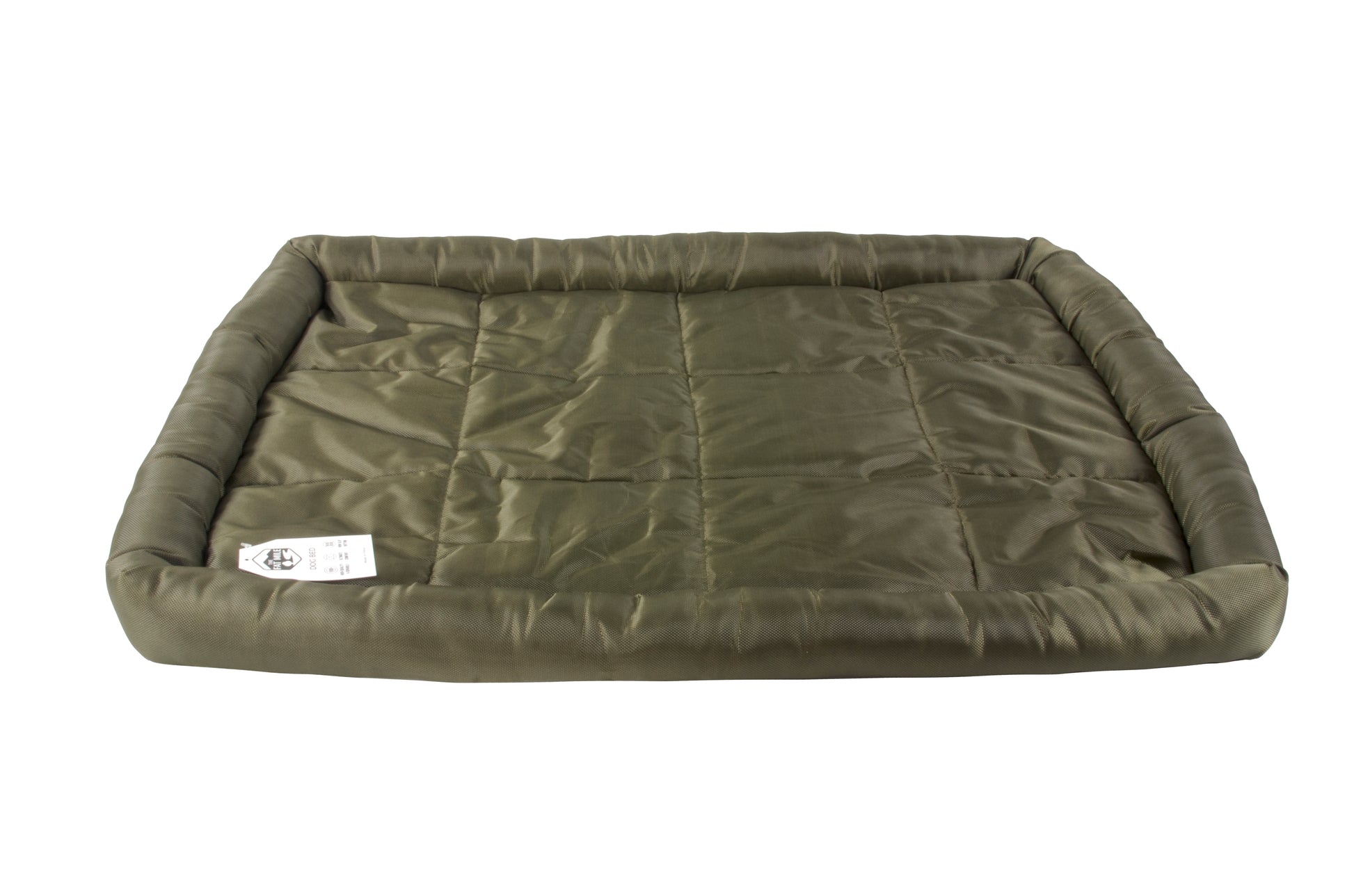 A waterproof dog crate bed in green color. The Fat Mile tag attached.