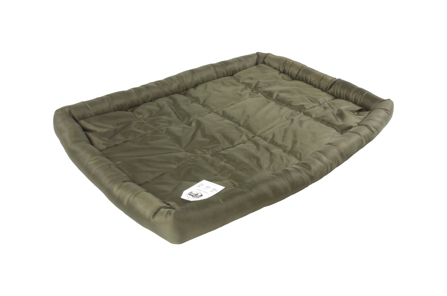 A waterproof dog crate bed in green color. The Fat Mile tag attached.