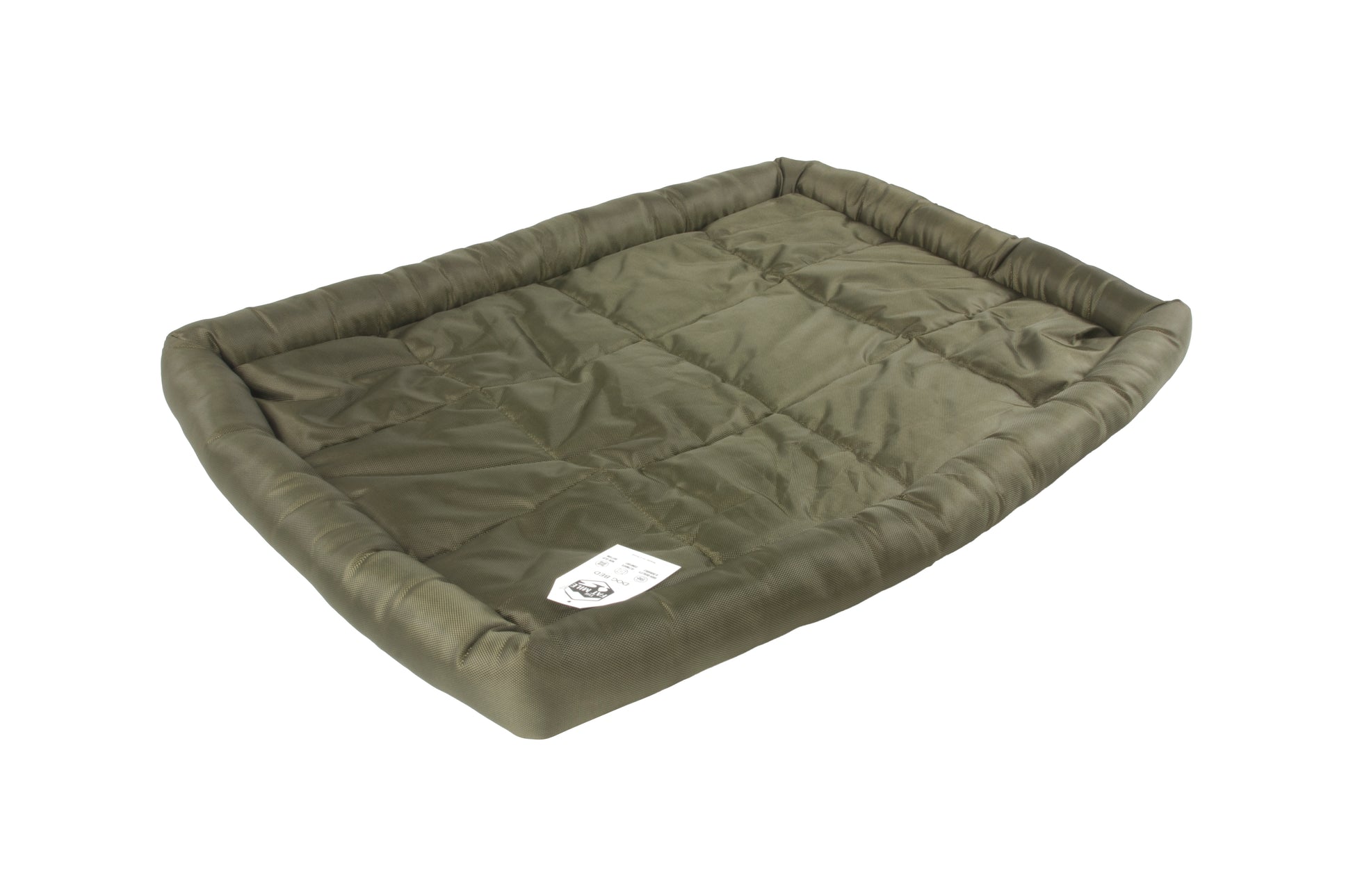 A waterproof dog crate bed in green color. The Fat Mile tag attached.