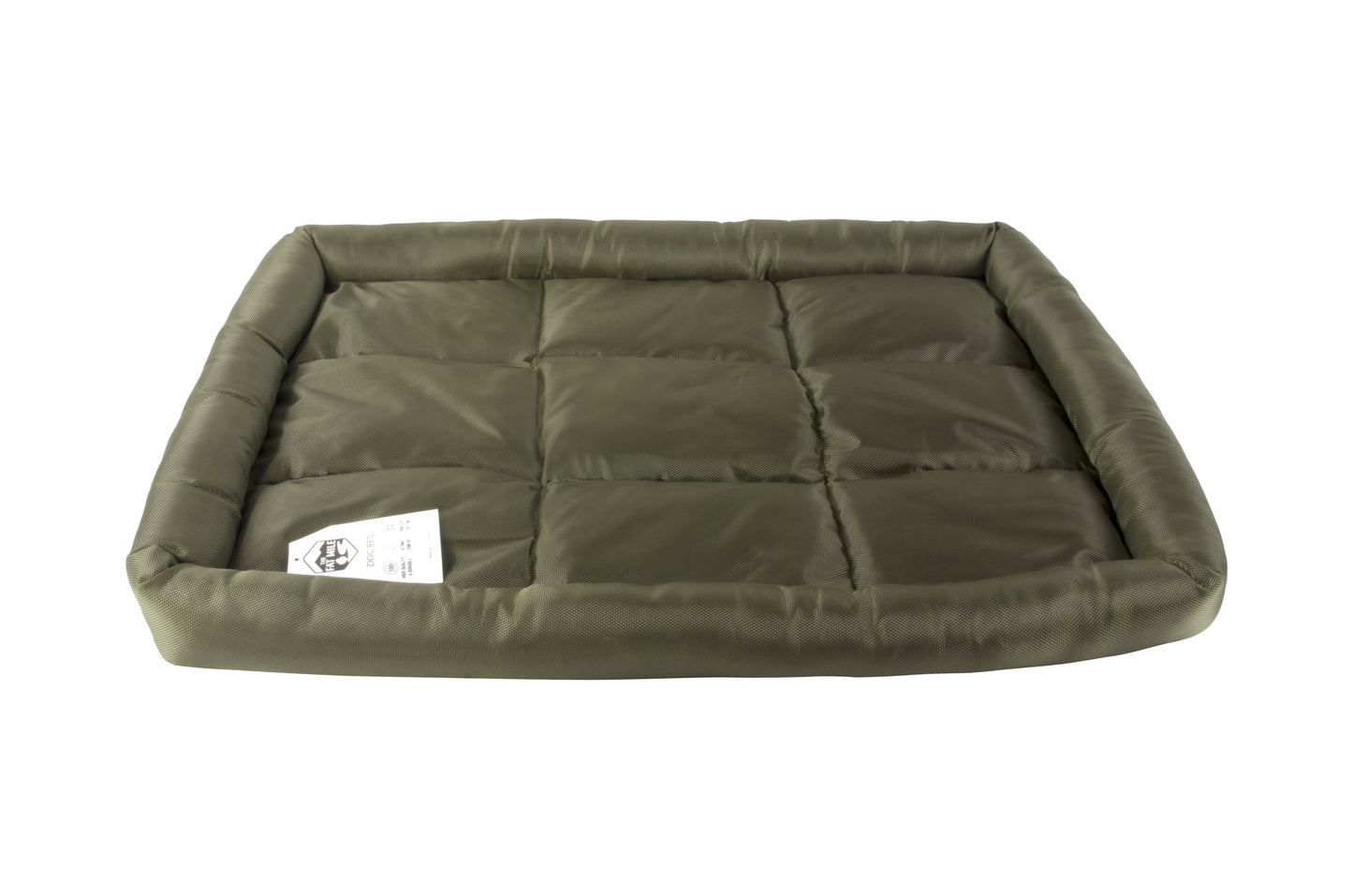 A waterproof dog crate bed in green color. The Fat Mile tag attached.
