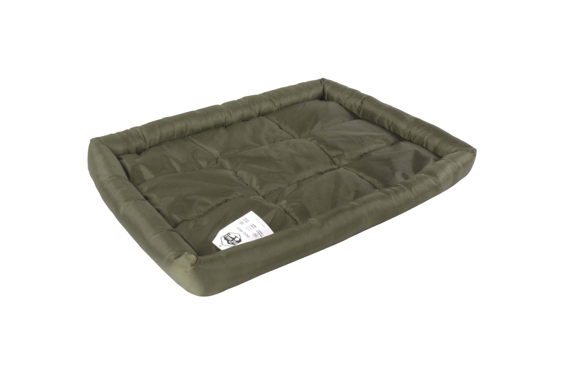 A waterproof dog crate bed in green color. The Fat Mile tag attached.