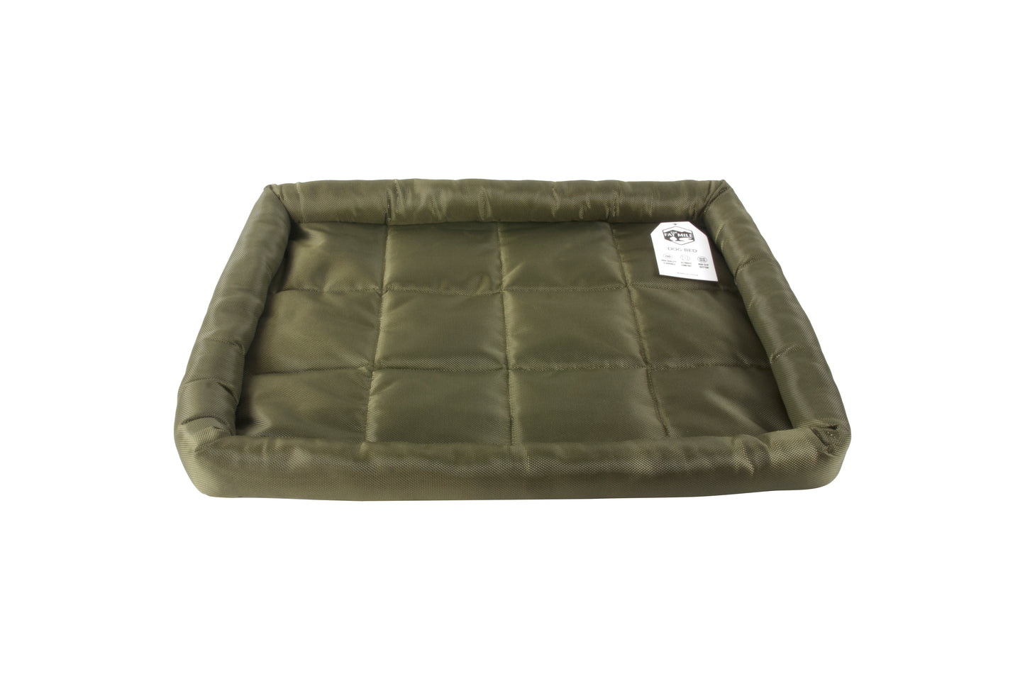 A waterproof dog crate bed in green color. The Fat Mile tag attached.