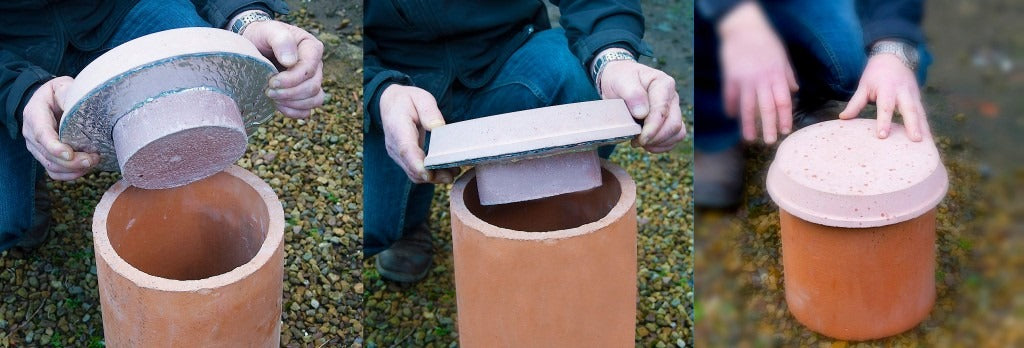 A man showcasing in three images how to place a chimney pot plug on a ceramic chimney.