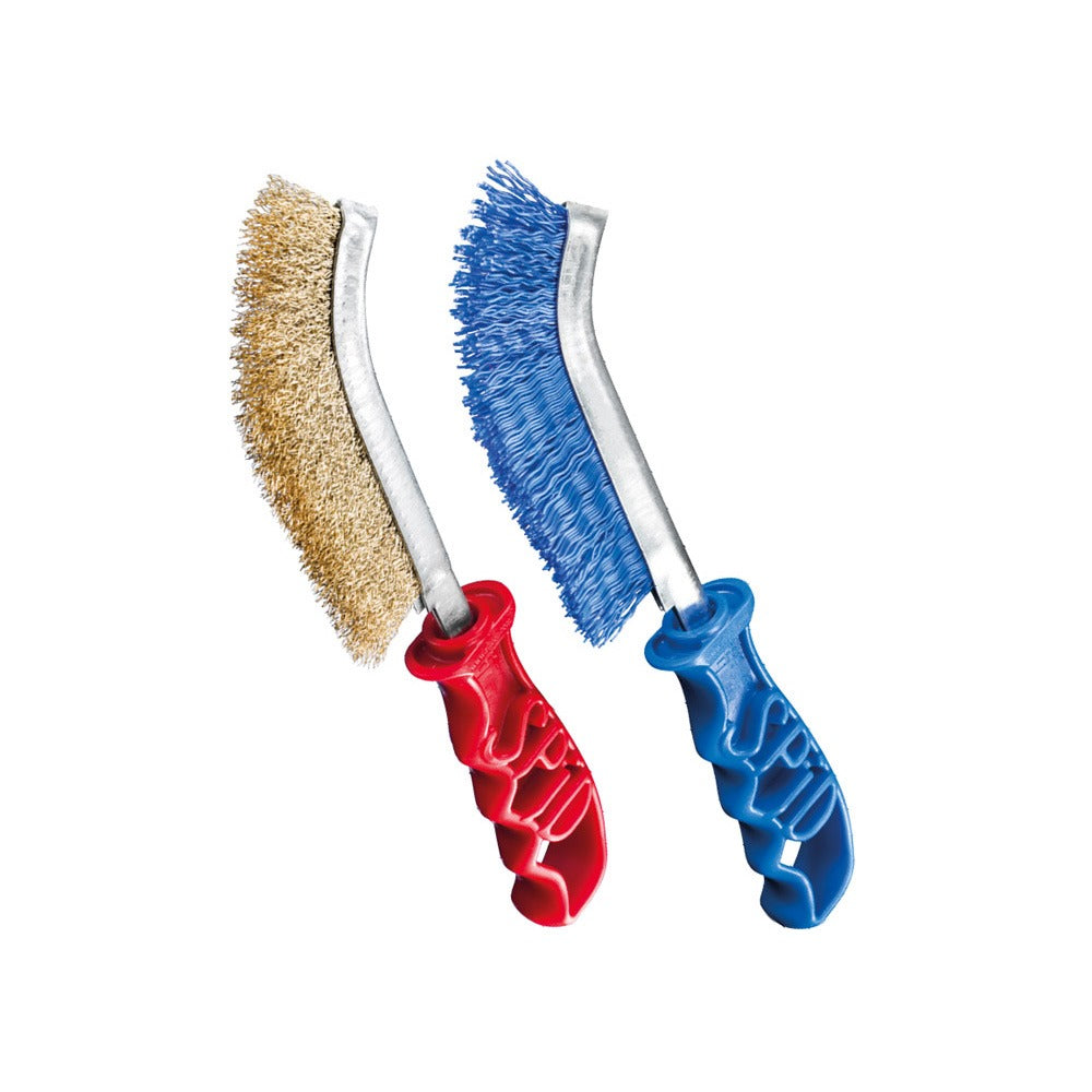 Two chimney brushes with red and blue handles, one with a beige bristle head and the other with a blue bristle head.