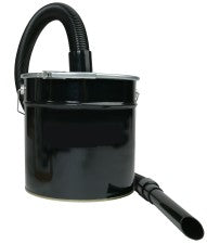 A black bucket with a hose attached called an Ash Away, designed as an attachment for a vacuum to collect cold ashes.