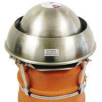 An 'all stainless steel' anti down draught chimney cowl with a universal strap fitting, designed to fit flat topped 200mm to 250mm chimney pots.