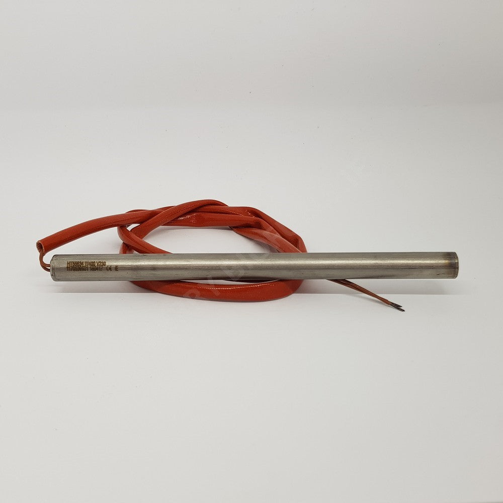 A 280watt ignition element with an orange protective wire and a metallic body, lying on a white surface. Used in wood pellet stoves.
