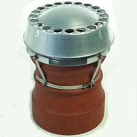 A Stainless Steel mad anti downdraught cowl strapped down on a chimney pot.