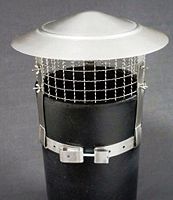 The picture shows a SHL Bird and rain cowl for a chimney. It is silver in colour and is strapped to a black chimney pot.
