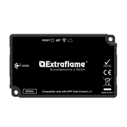A black 2.0 extraflame wifi module for stoves, with indication lights.