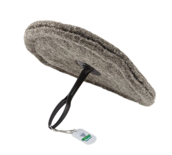 A gray 12" round chimney sheep with a handle and extension rod, laying sideways.