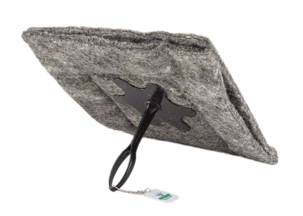 A gray 13"x13" square chimney sheep with a handle and extension rod, laying sideways.