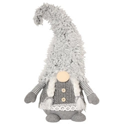 Plush gnome toy with a gray outfit and white beard on a white background
