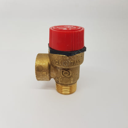 A gold-colored brass pressure relief valve with a red cap and black sealing mechanism.