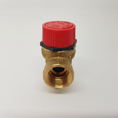 A gold-colored brass pressure relief valve with a red cap and black sealing mechanism.