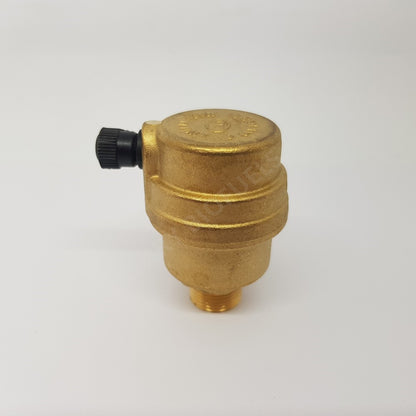 A gold-coloured pressure relief valve, with a black relief knob on the left hand side.