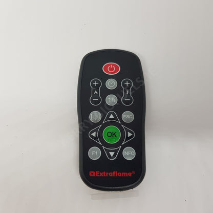 A black remote control with buttons for a fireplace, including an 'OK' button, a 'FN' button, and other control buttons.