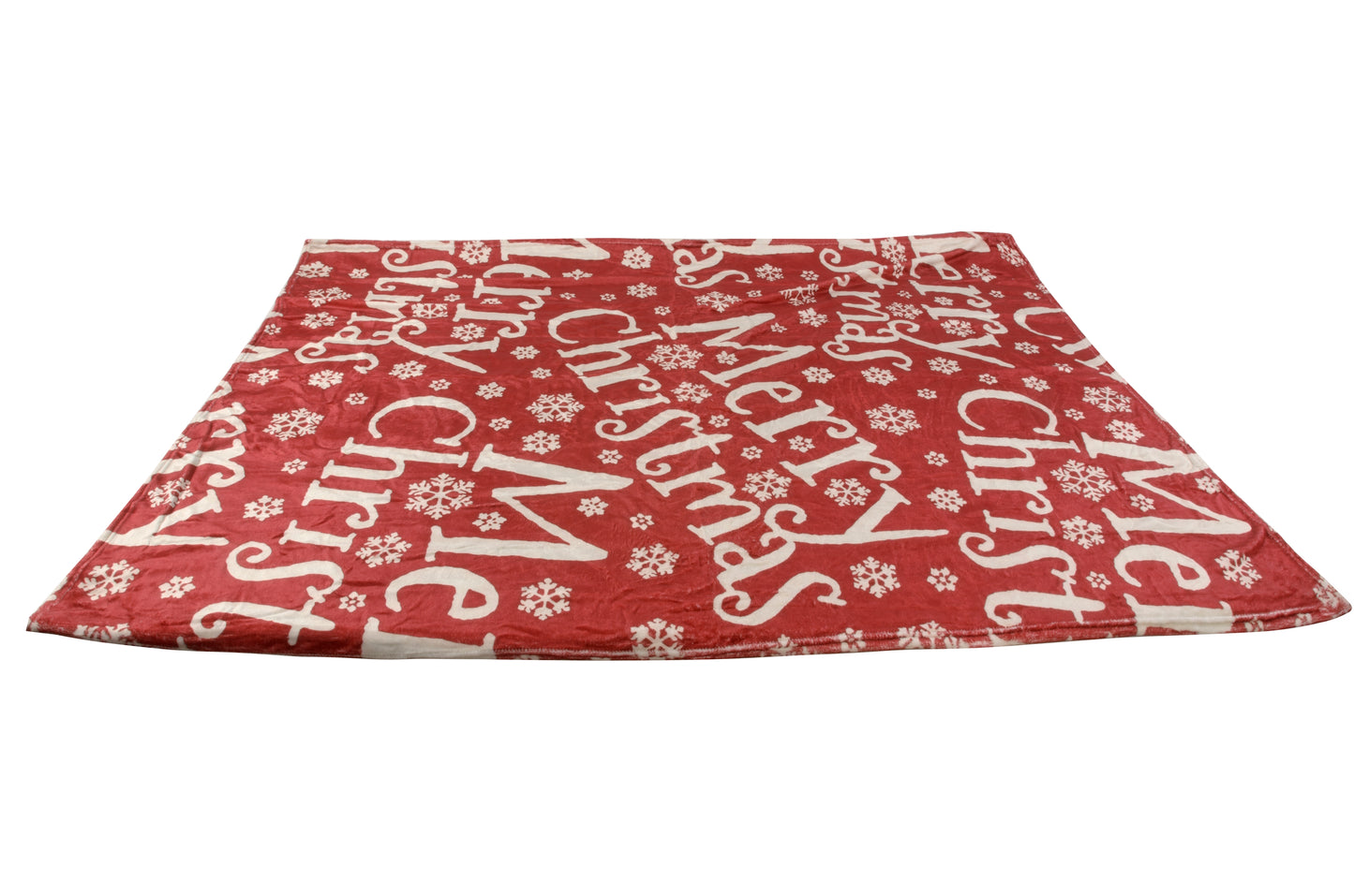 A red and white Christmas-themed blanket with text and snowflake patterns.