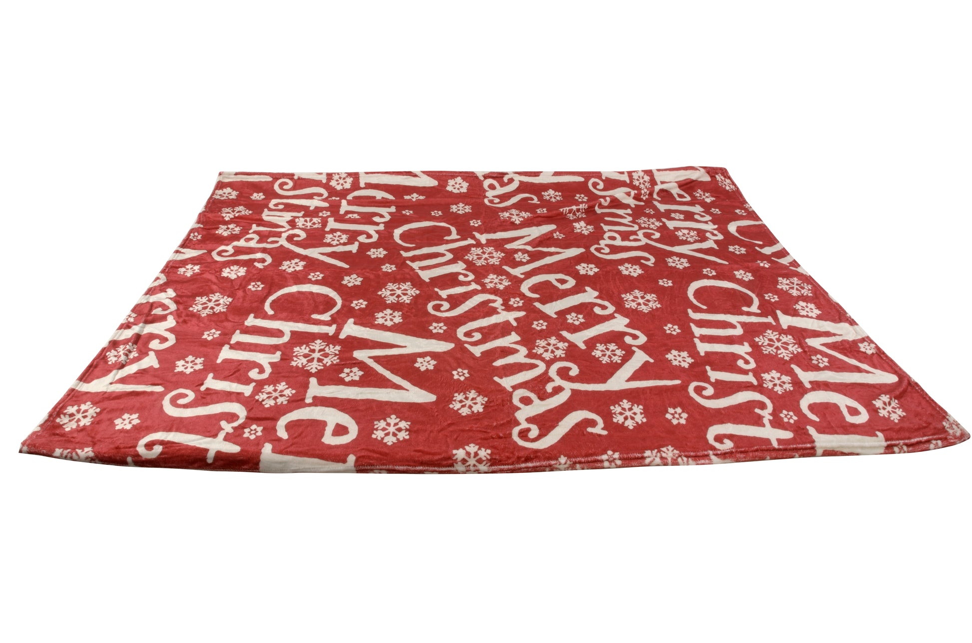 A red and white Christmas-themed blanket with text and snowflake patterns.