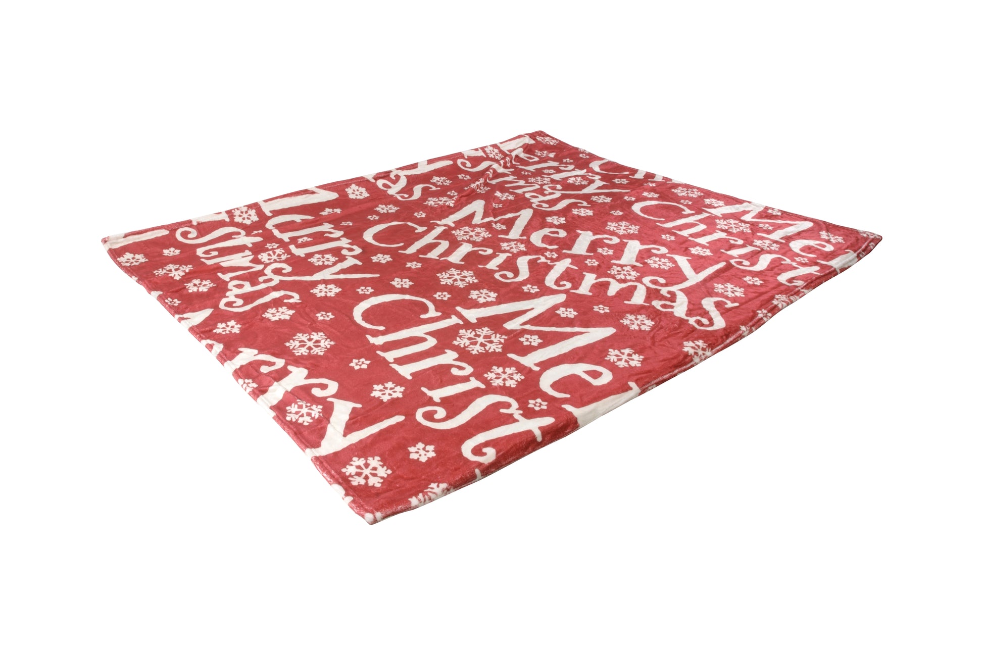 A red and white Christmas-themed blanket with text and snowflake patterns.