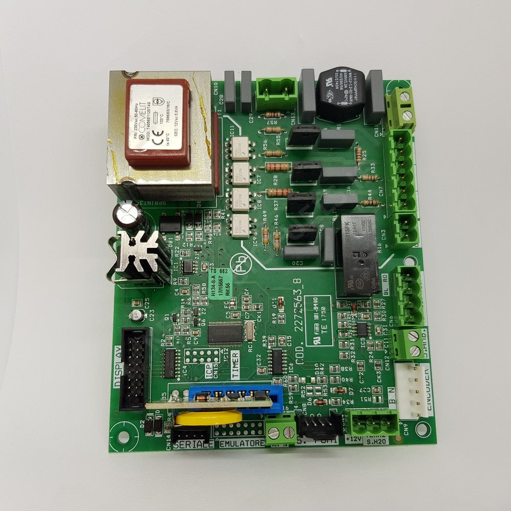 A green printed circuit board for an Extraflame stove, featuring various electronic components and connectors.