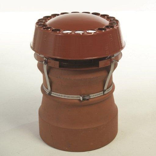 A terracotta mad anti downdraught cowl strapped down on a chimney pot.