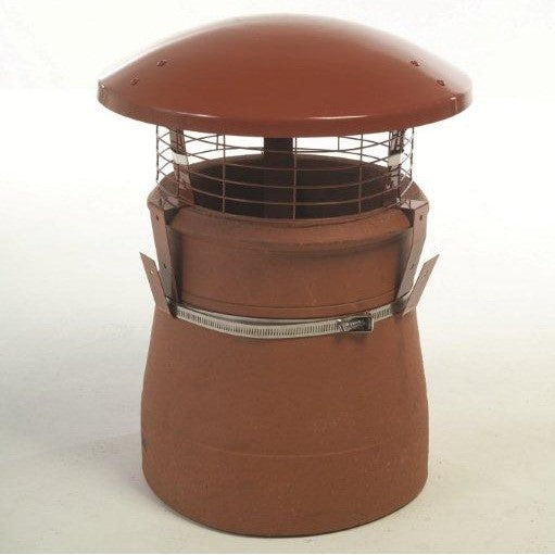 In the picture is a mad terracotta bird and rain cowl. It is strapped onto a chimney pot plug. The background is white.