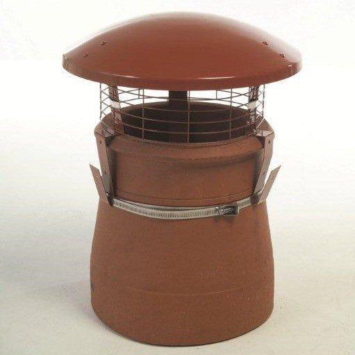 In the picture is a mad terracotta bird and rain cowl. It is strapped onto a chimney pot plug. The background is white.