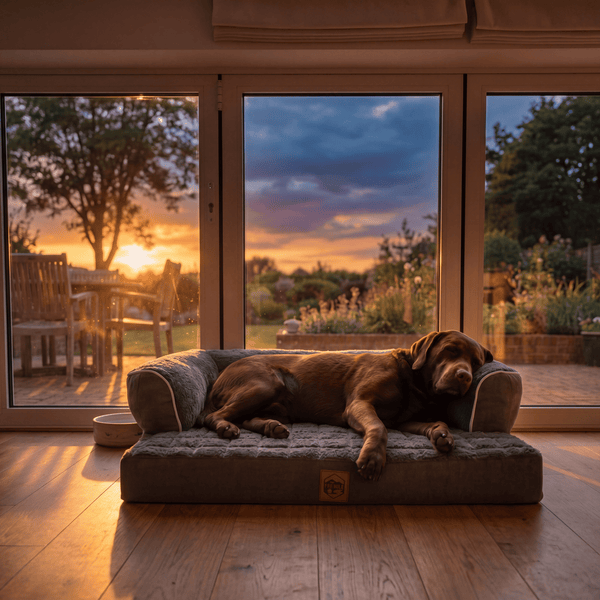 Orthopaedic memory foam dog sofa bed for joint support, available in Tralee, Kerry and Ireland. Chocolate Labrador sleeping on an Orthopaedic Sofa Dog Bed in front of a sliding door.