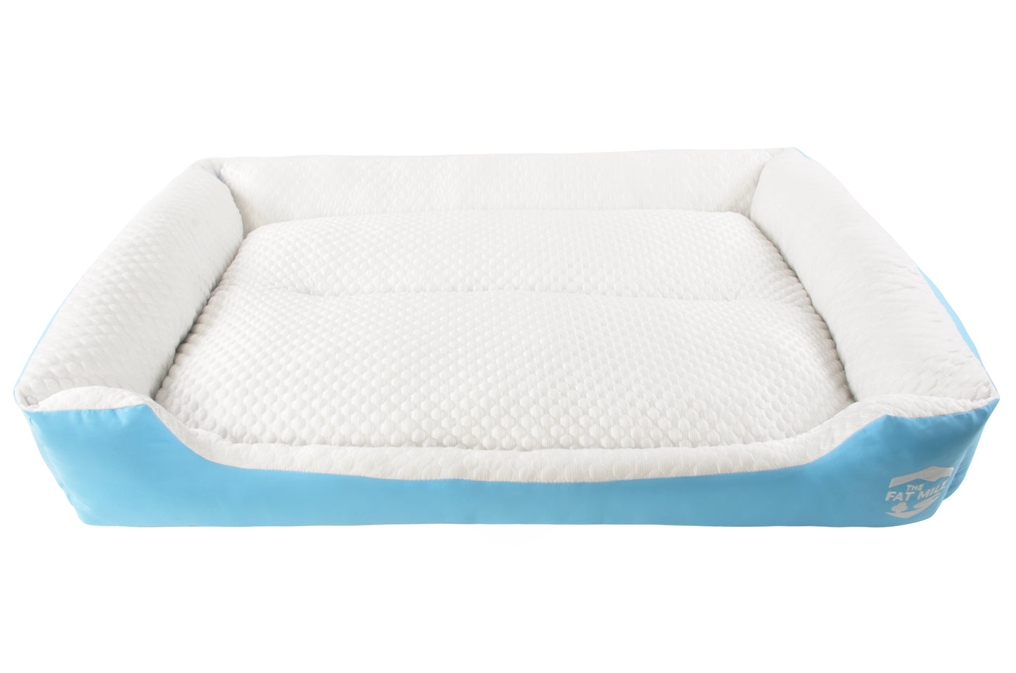 A set of cooling dog beds in blue and white colours, designed with a deep sleeping contour. Cool to the touch. A The Fat Mile logo on the right side.