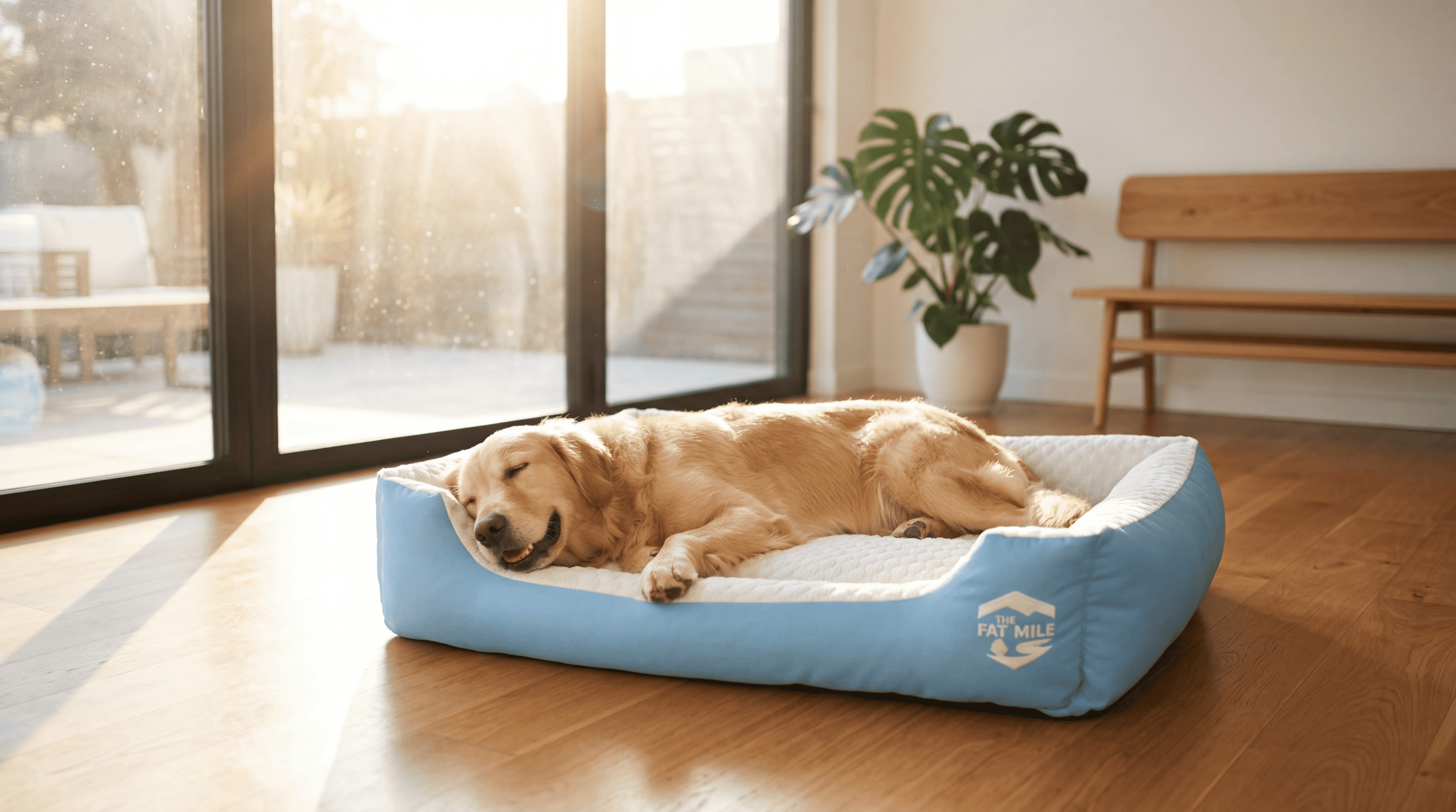 A Golden Retriever relaxing on an Oxford Cooling Bed in a room beside a window. Cooling dog bed in blue and white colours, designed with a deep blue contour. Cool to the touch. A The Fat Mile logo on the right side.