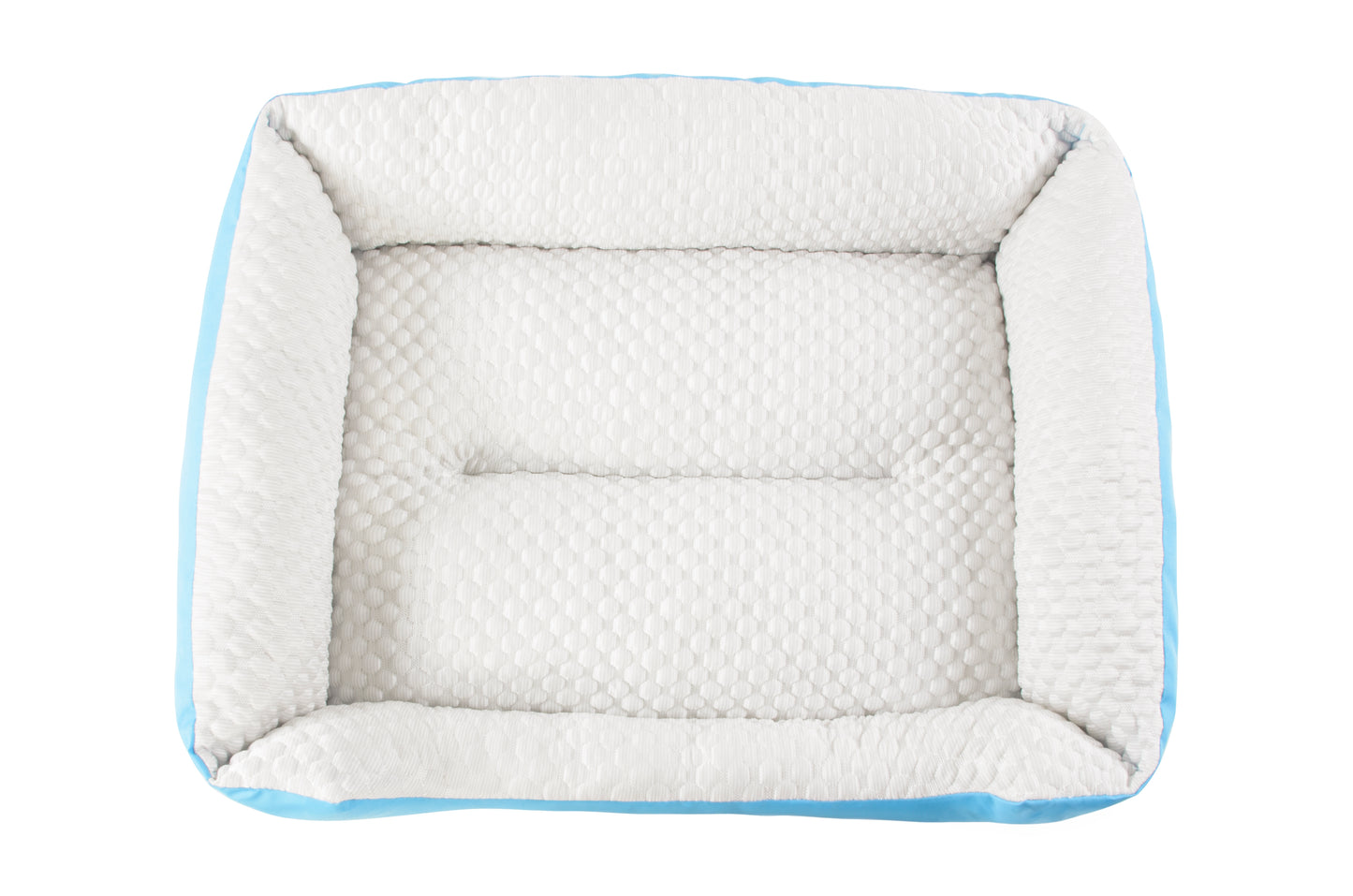A set of cooling dog beds in blue and white colours, designed with a deep sleeping contour. Cool to the touch. A The Fat Mile logo on the right side.