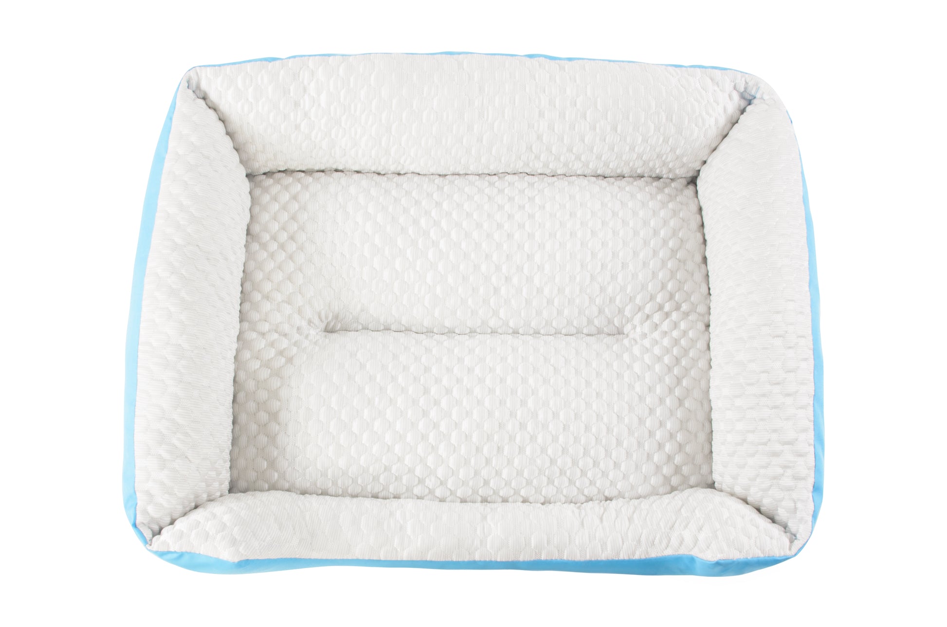 A set of cooling dog beds in blue and white colours, designed with a deep sleeping contour. Cool to the touch. A The Fat Mile logo on the right side.